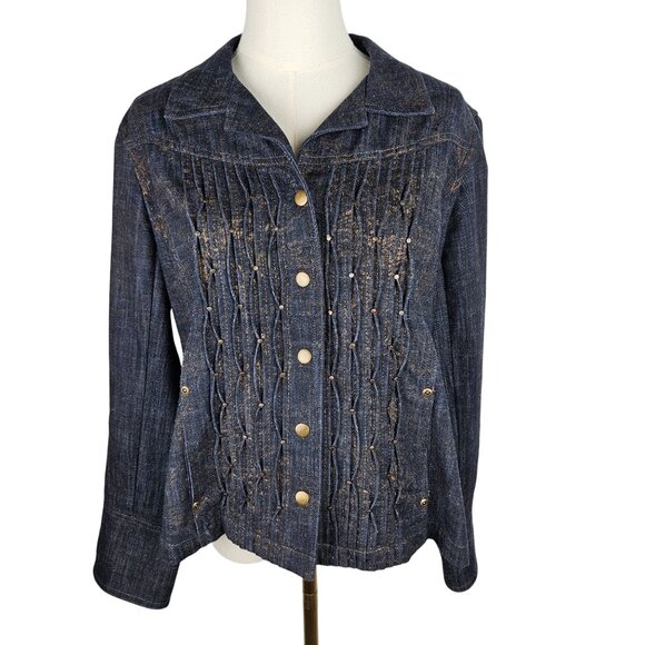 Coldwater Creek Jacket Size 16 Pintucked Blue Denim Snap Front Metallic Gold - Picture 1 of 11